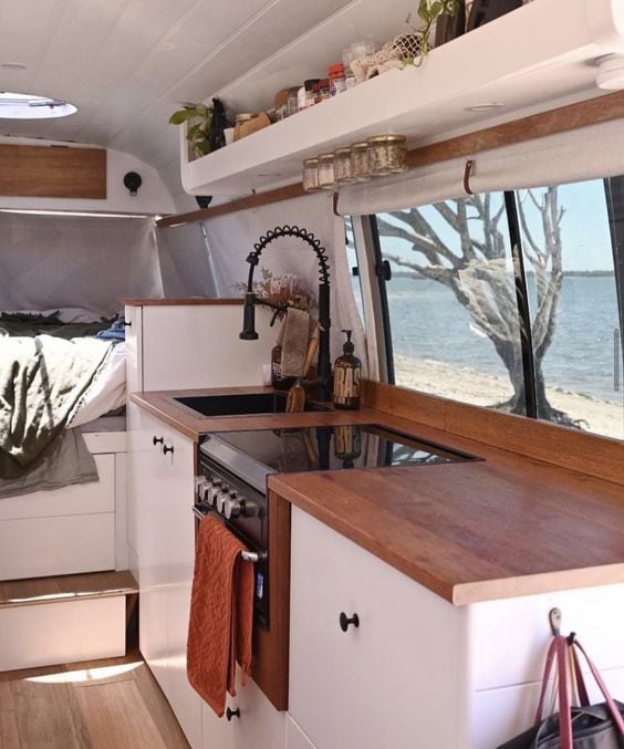 interior van life wood top sink