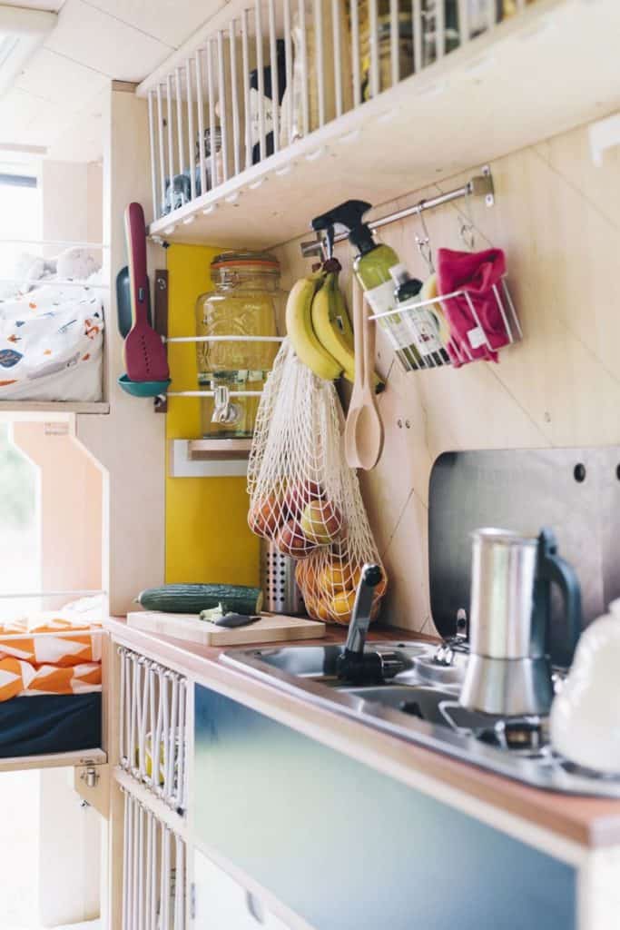 interior van life kitchen storage