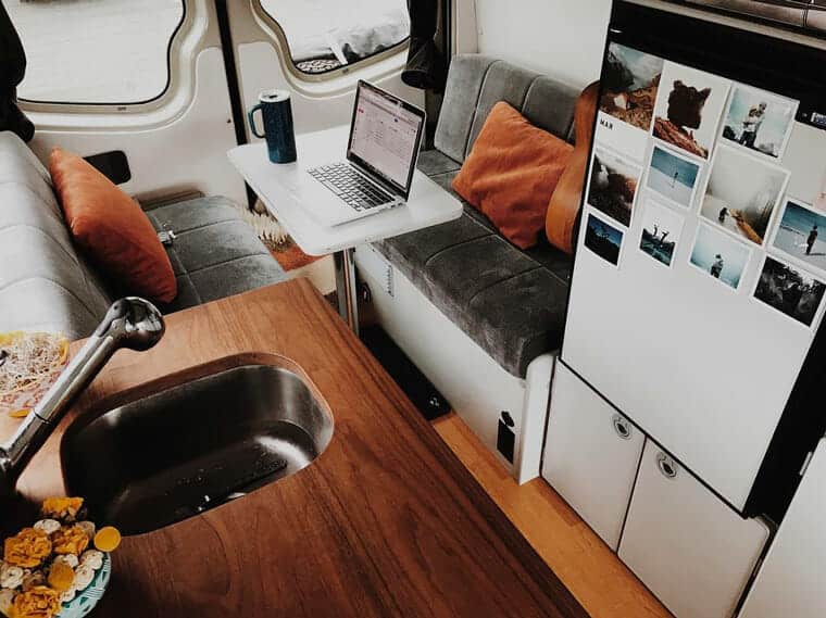 laptop stand vanlife interior