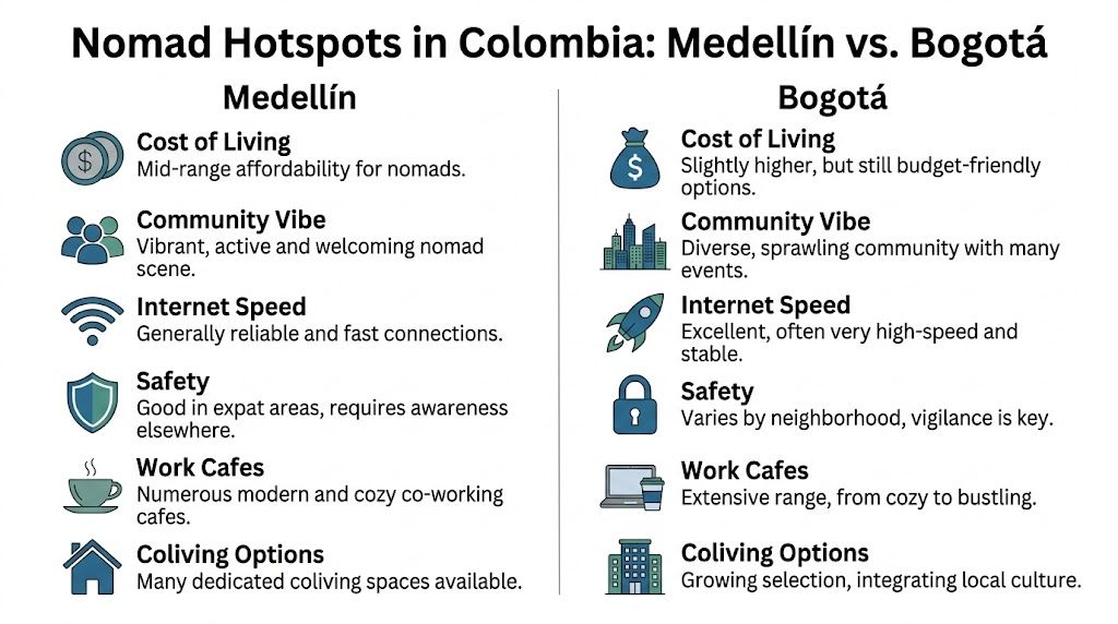A comparison chart highlighting lifestyle factors for digital nomads in Medellin and Bogota, Colombia.