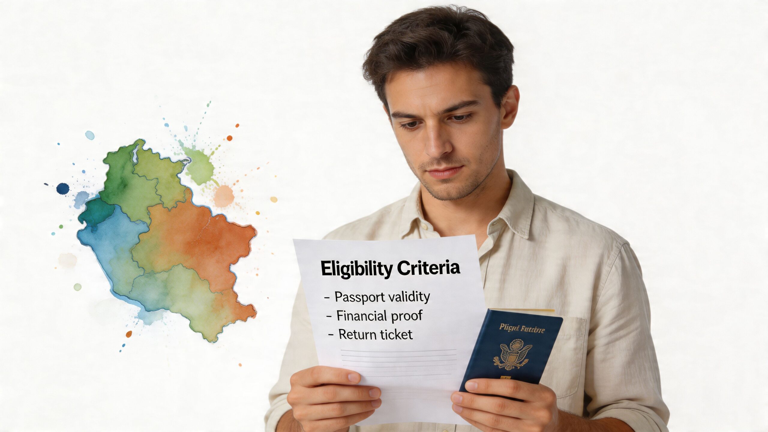 A man holding a document about digital nomad visa eligibility criteria and a passport in his hands.