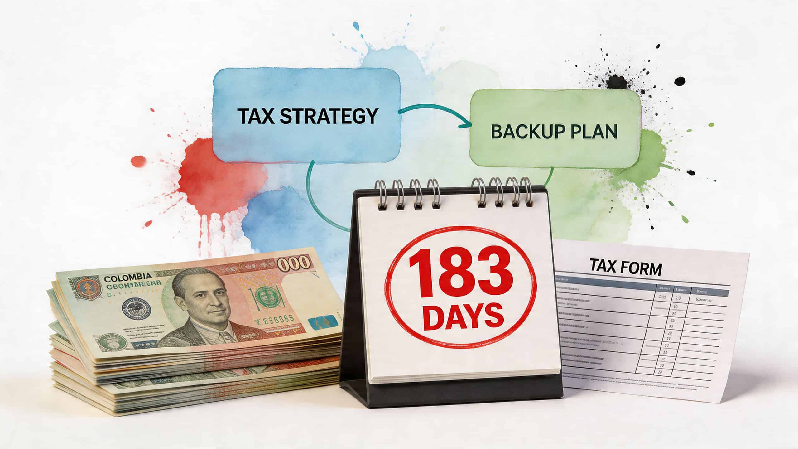 A calendar showing 183 days next to Colombian pesos and a tax form for digital nomads.