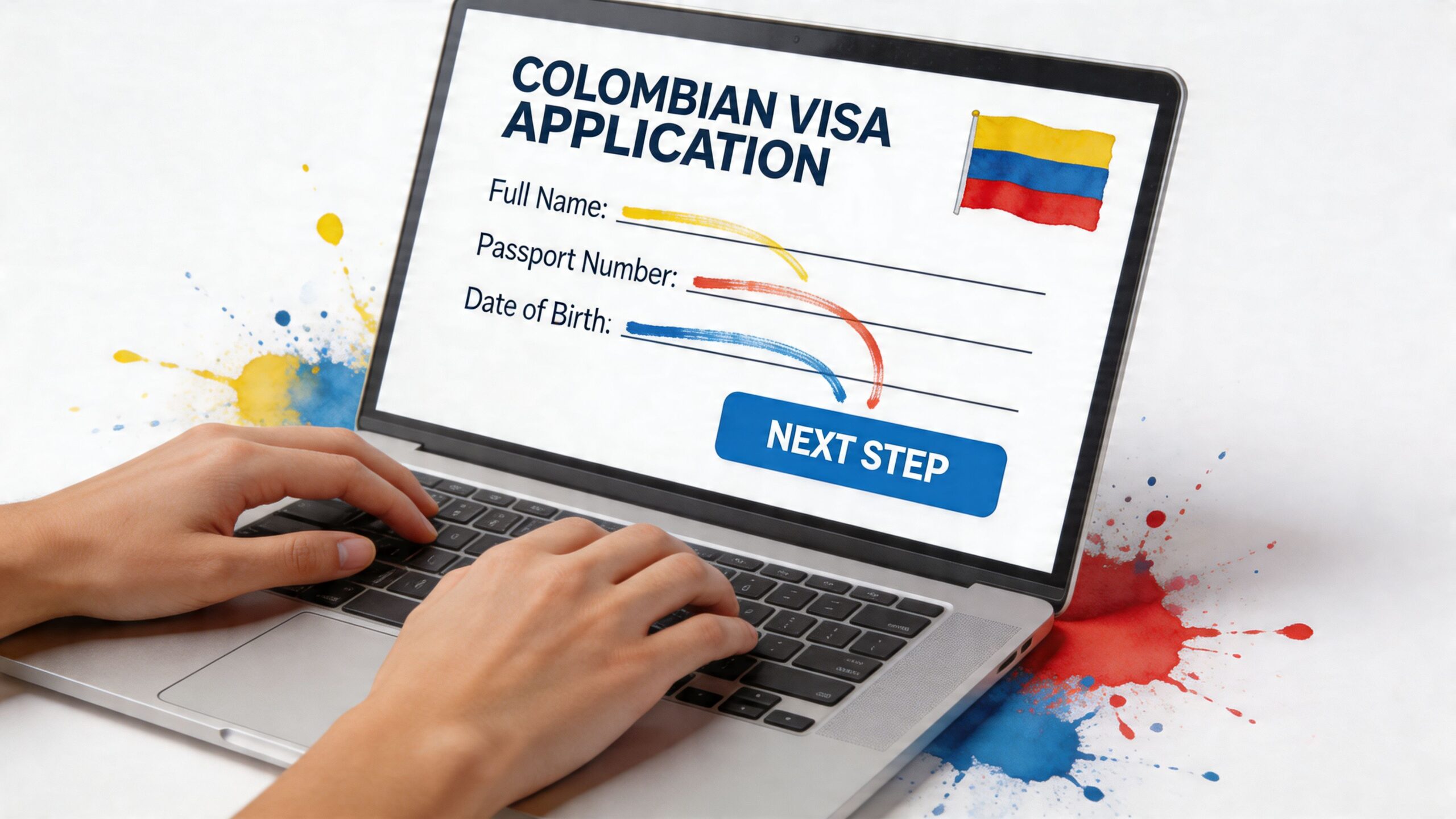 A person filling out an online Colombian visa application form on a laptop with colorful paint splatters.