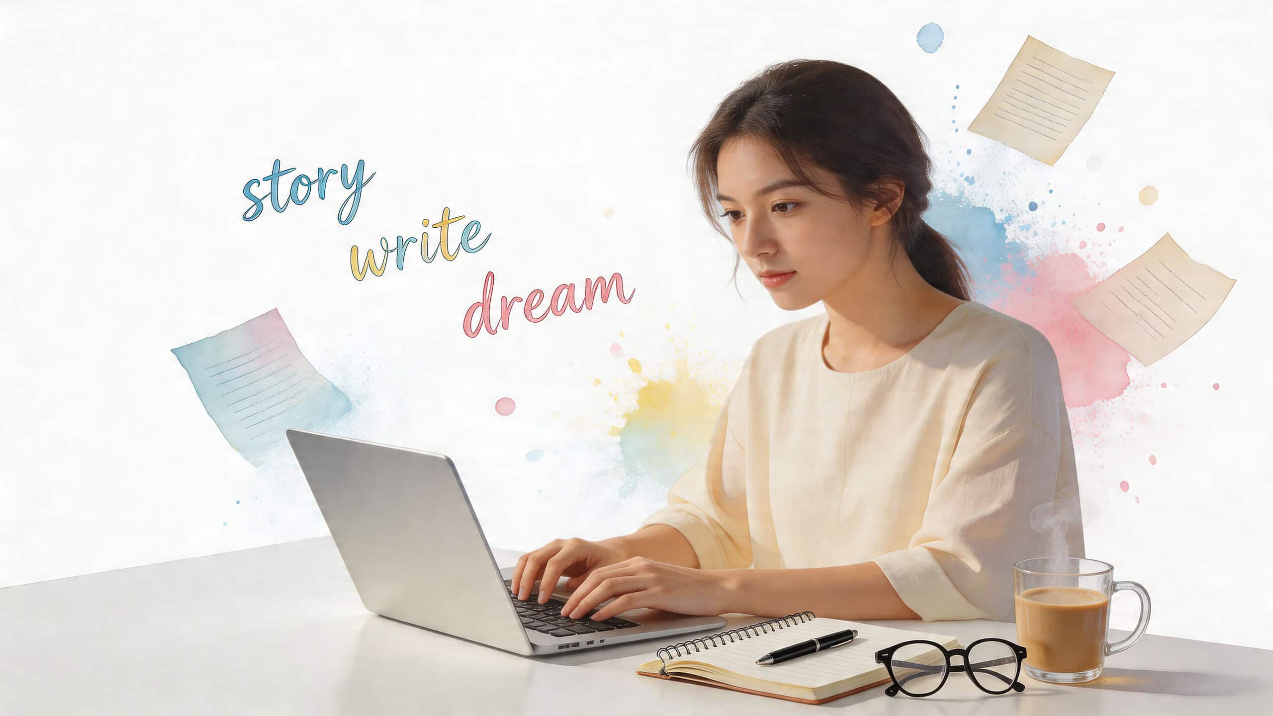 A young woman focused on writing on her laptop at a desk with coffee and notebook.
