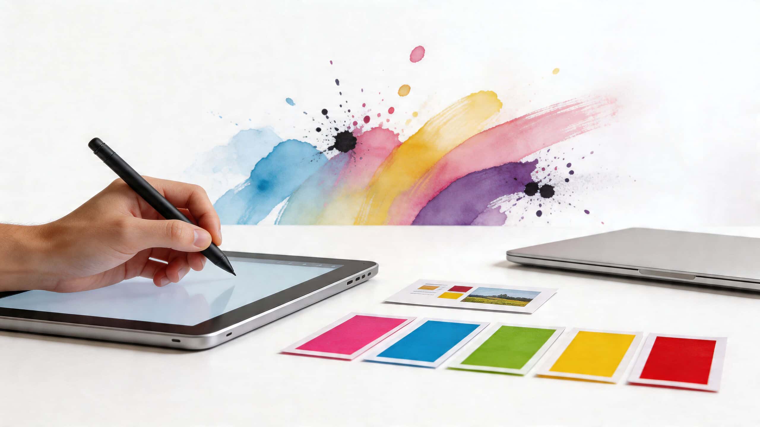 A designer drawing on a tablet with a stylus, surrounded by color swatches and design equipment.