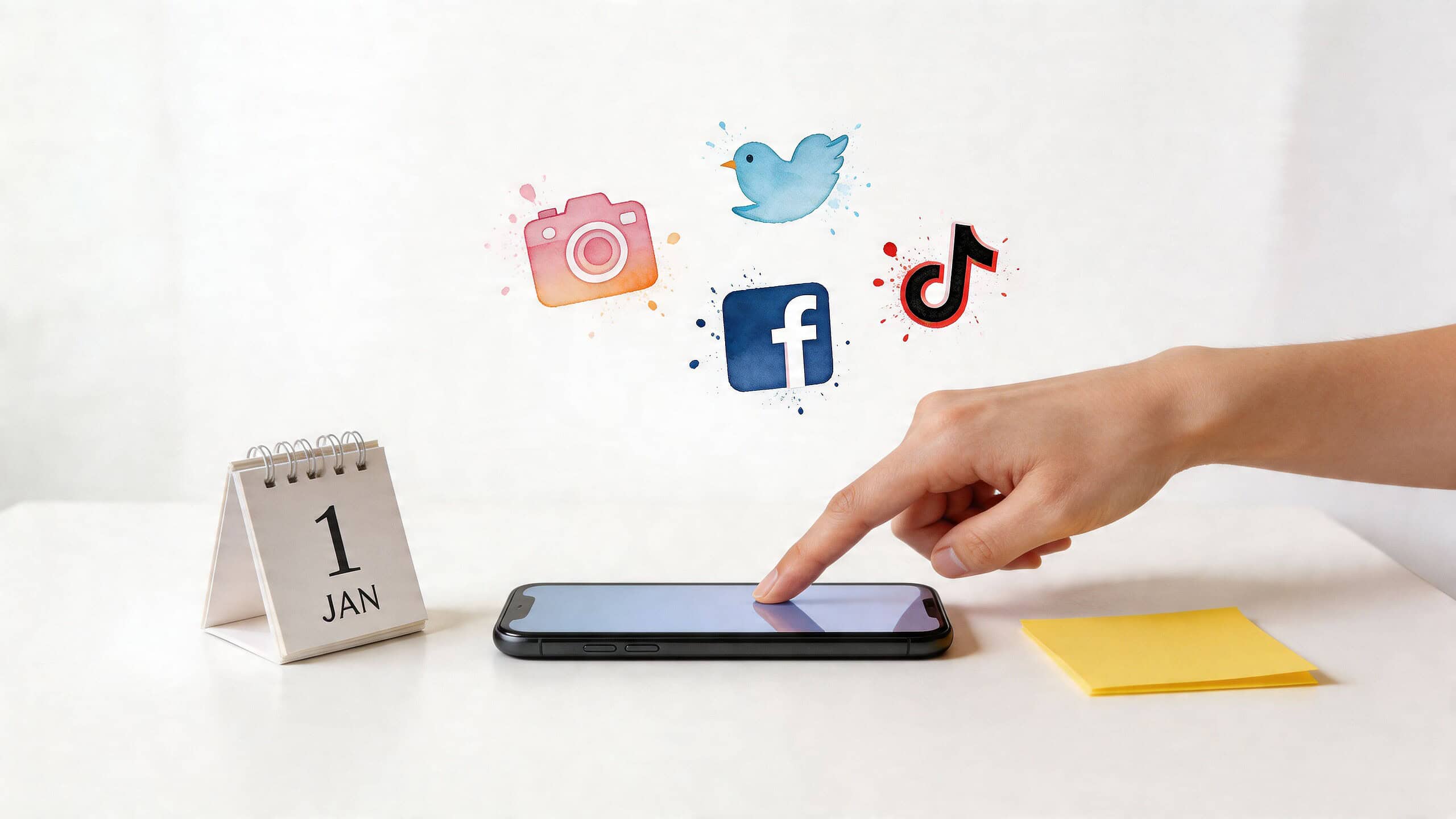 A hand using a smartphone with social media icons floating above a calendar showing January 1st.