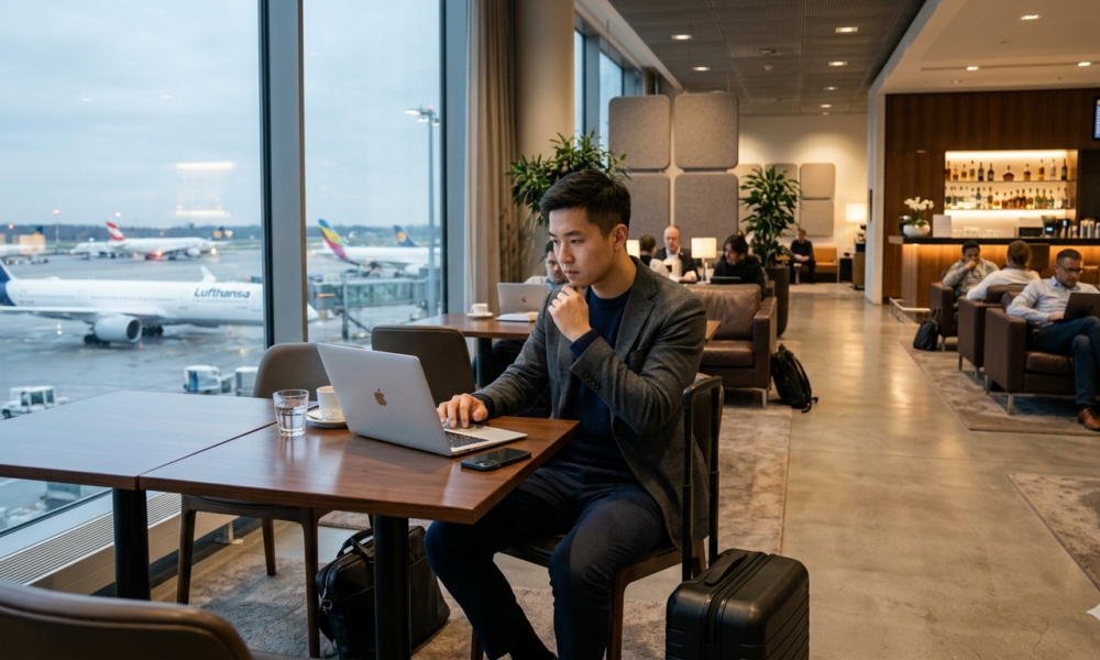 man working from airport lounge