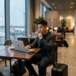 man working from airport lounge