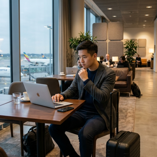 man working from airport lounge
