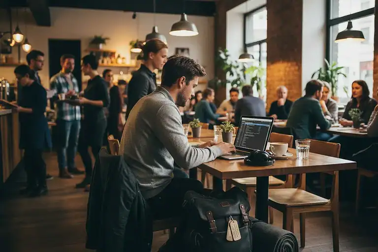 man working on laptop cafe