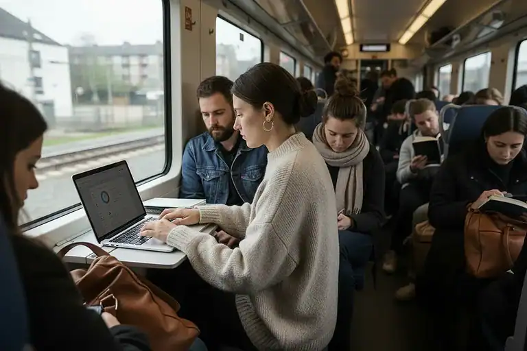 couple on laptops train