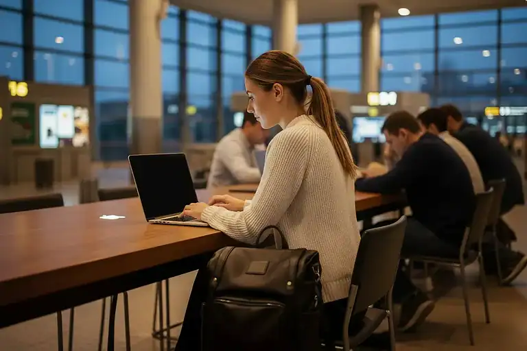 lady working in airport lounge