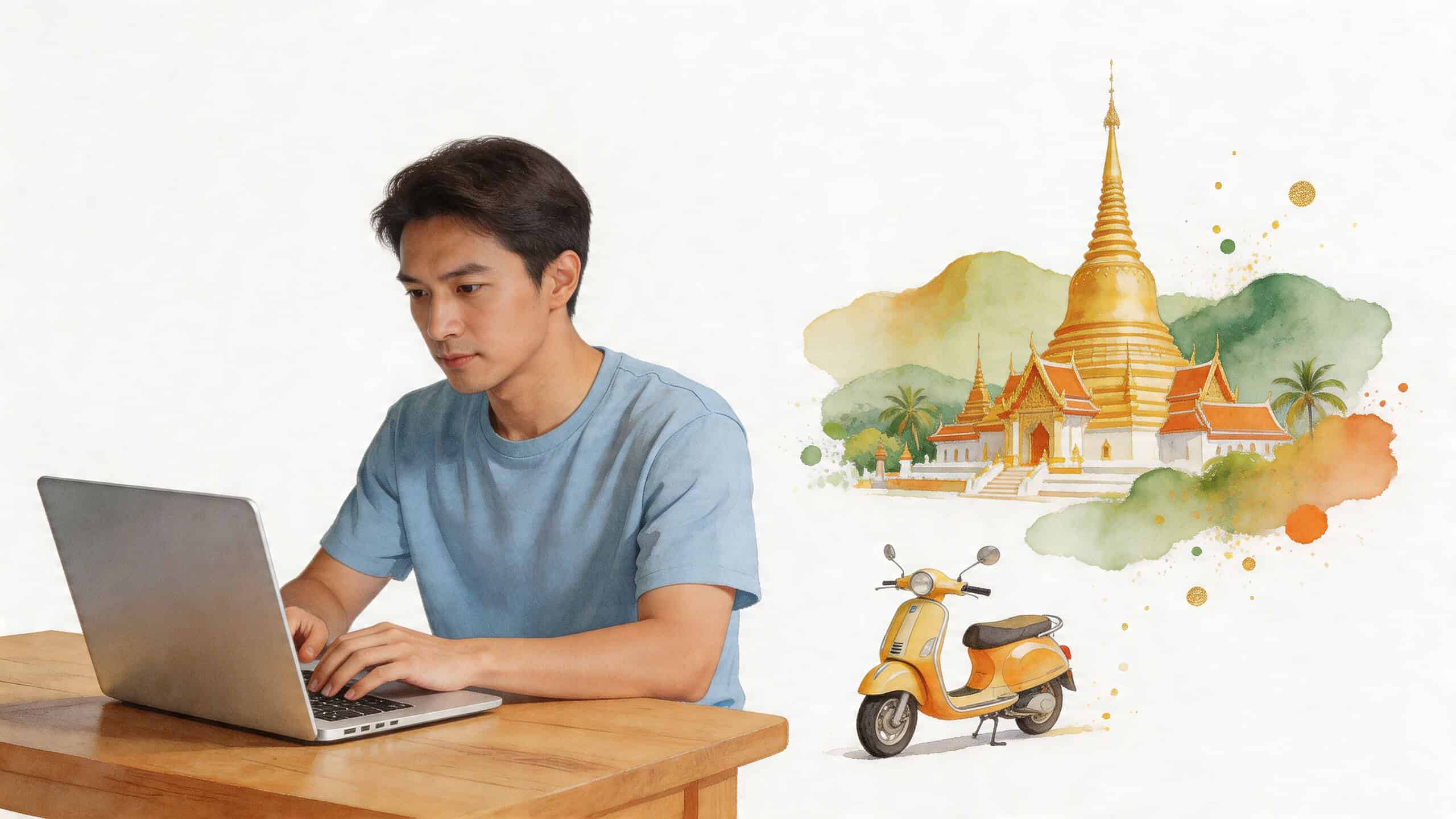 A young man sitting at a desk and working on his laptop with a watercolor illustration of a temple and scooter.