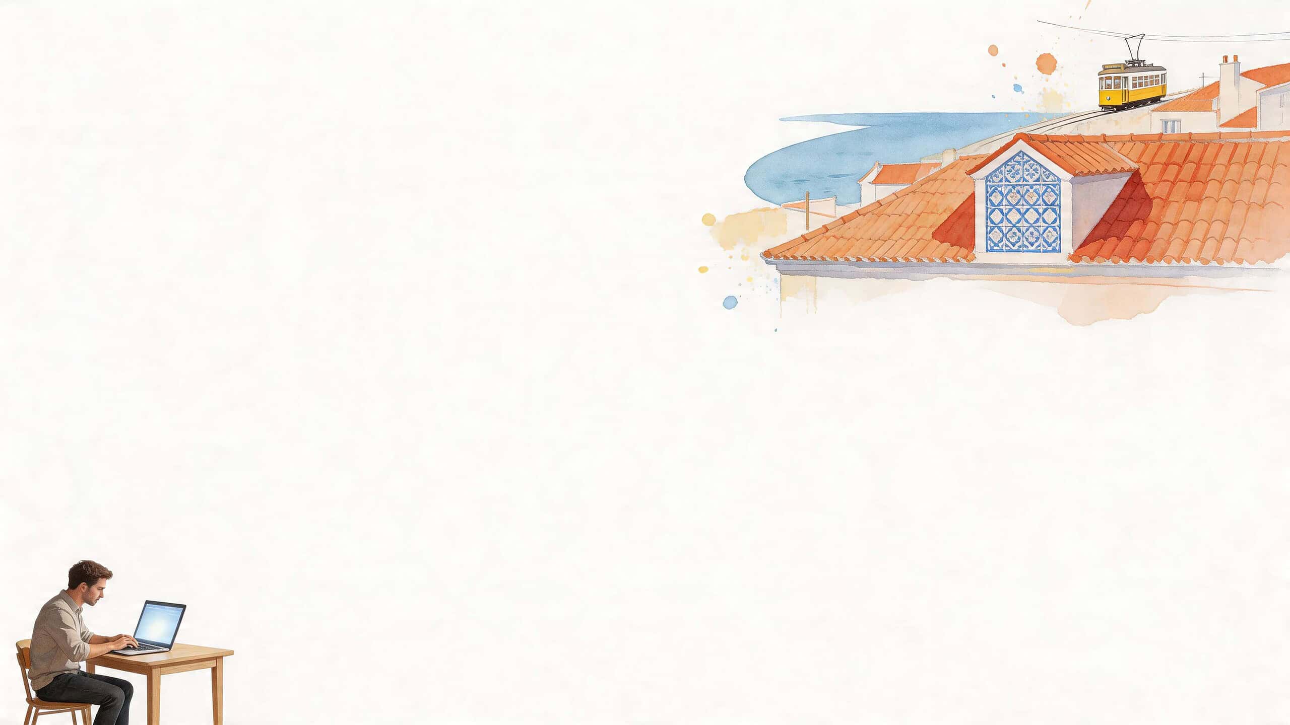 A man sits at a small desk working on a laptop with a watercolor illustration of Lisbon above.