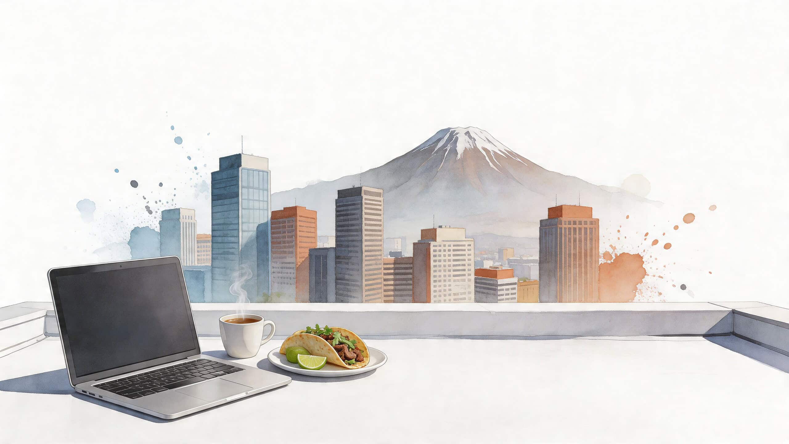 A laptop, coffee, and tacos on a terrace overlooking a watercolor cityscape with a mountain backdrop.