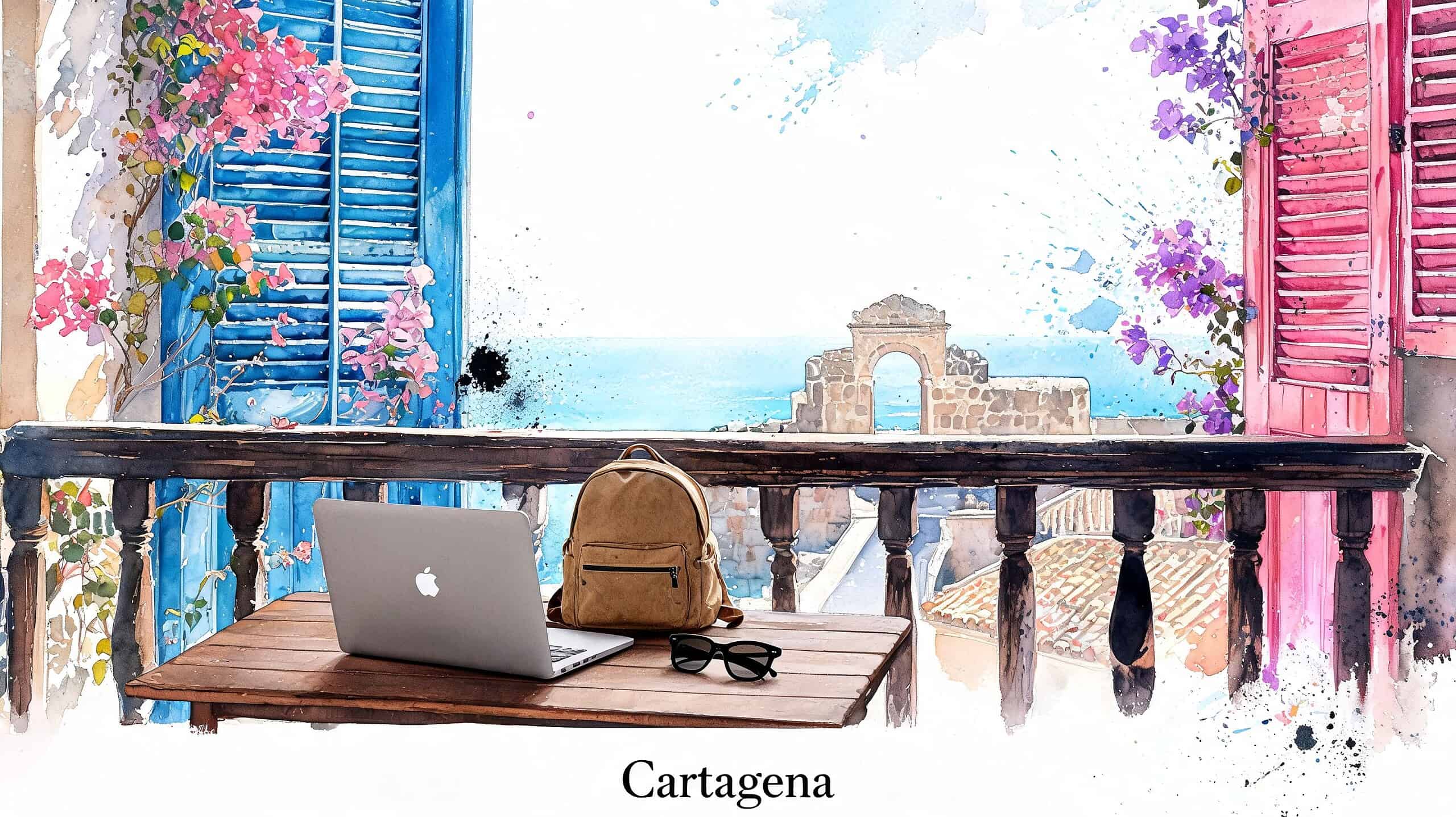 A watercolor painting of a laptop and backpack on a balcony overlooking the sea in Cartagena, Colombia.