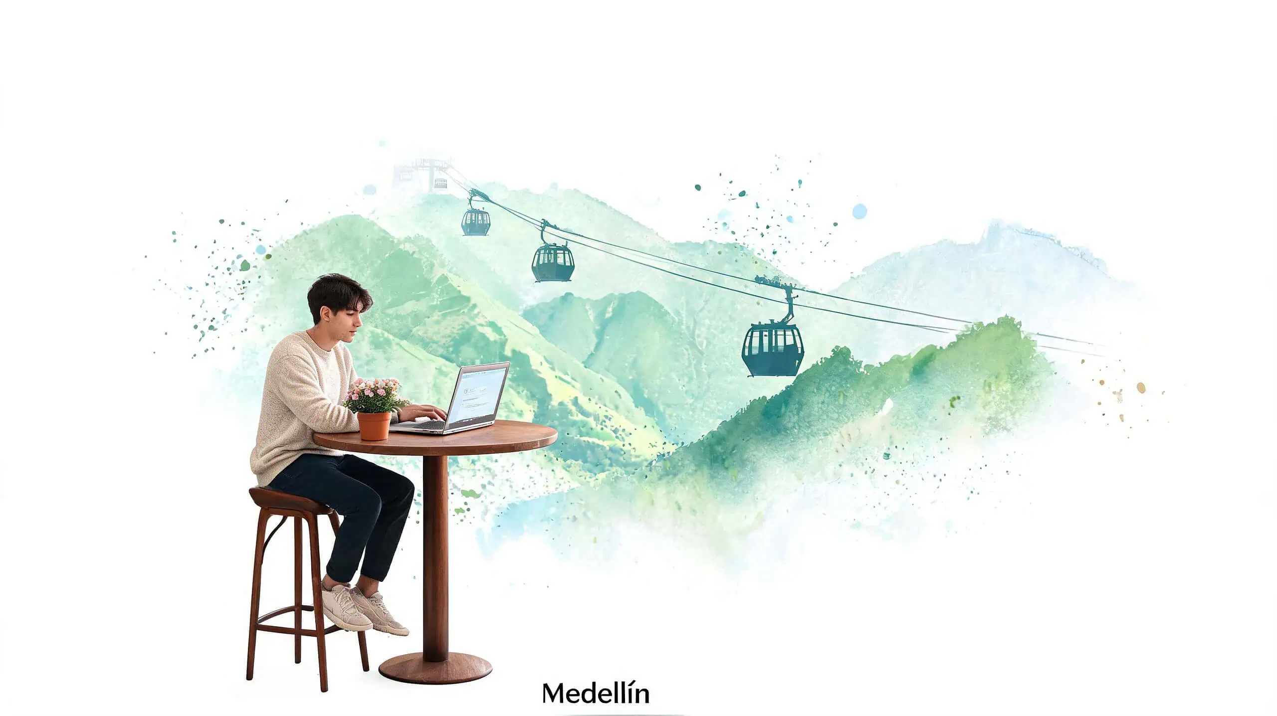 A young man working on a laptop at a small table against a backdrop of Medellín's mountains and cable cars.