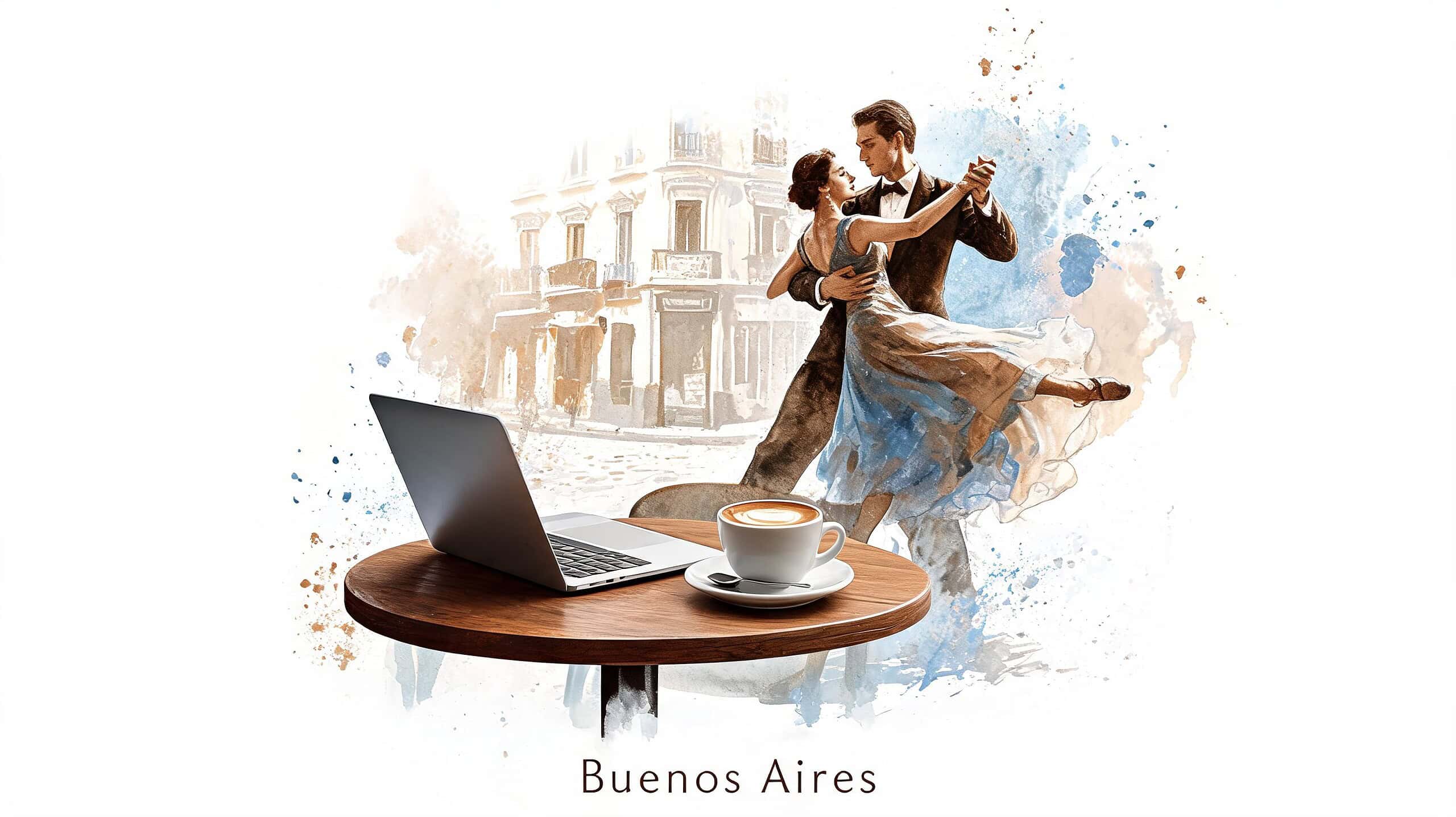 A digital illustration of a couple dancing tango with a laptop and coffee on a table nearby.