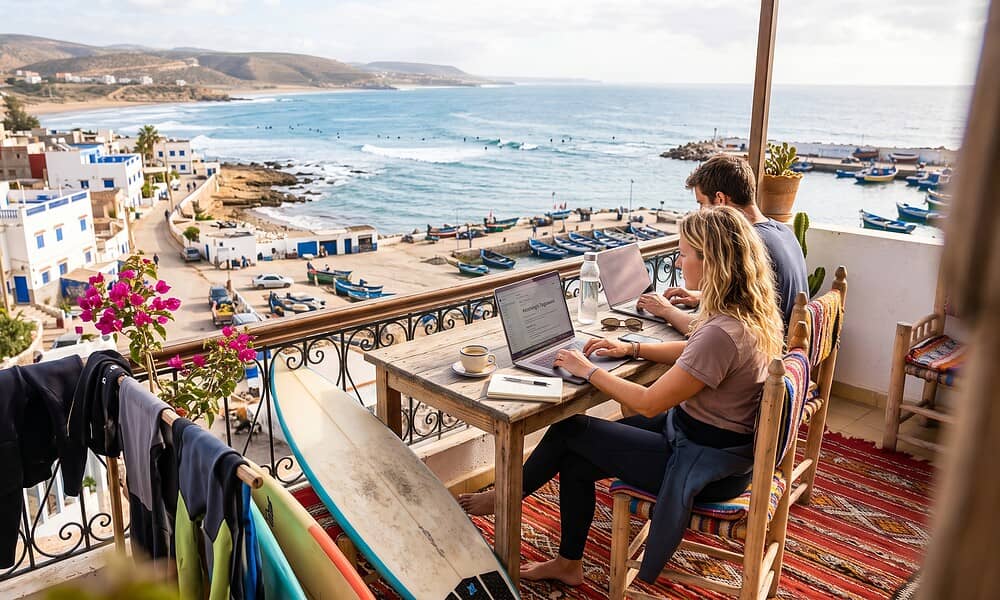 working and surfing morocco