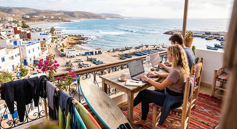 working and surfing morocco