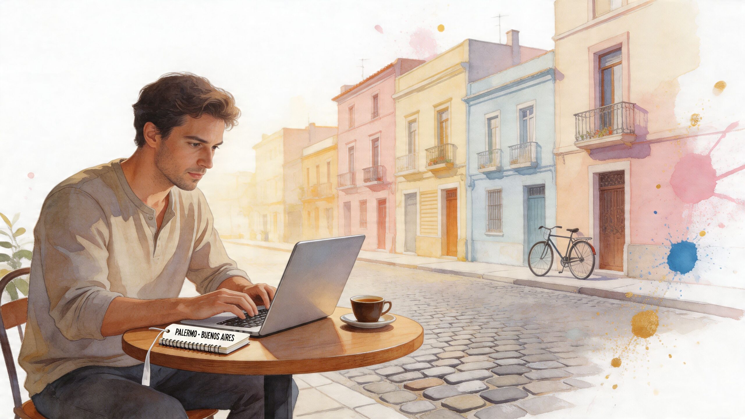 A man working on a laptop at a small table in a scenic street of Buenos Aires, Argentina.