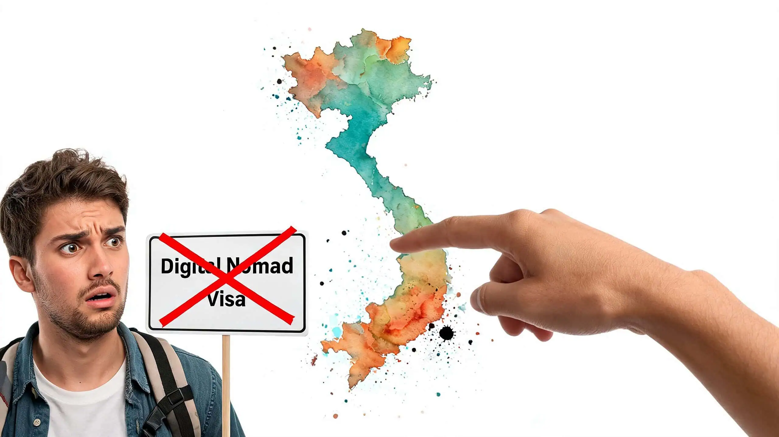A concerned traveler looking at a sign saying no digital nomad visa while pointing at Vietnam map.