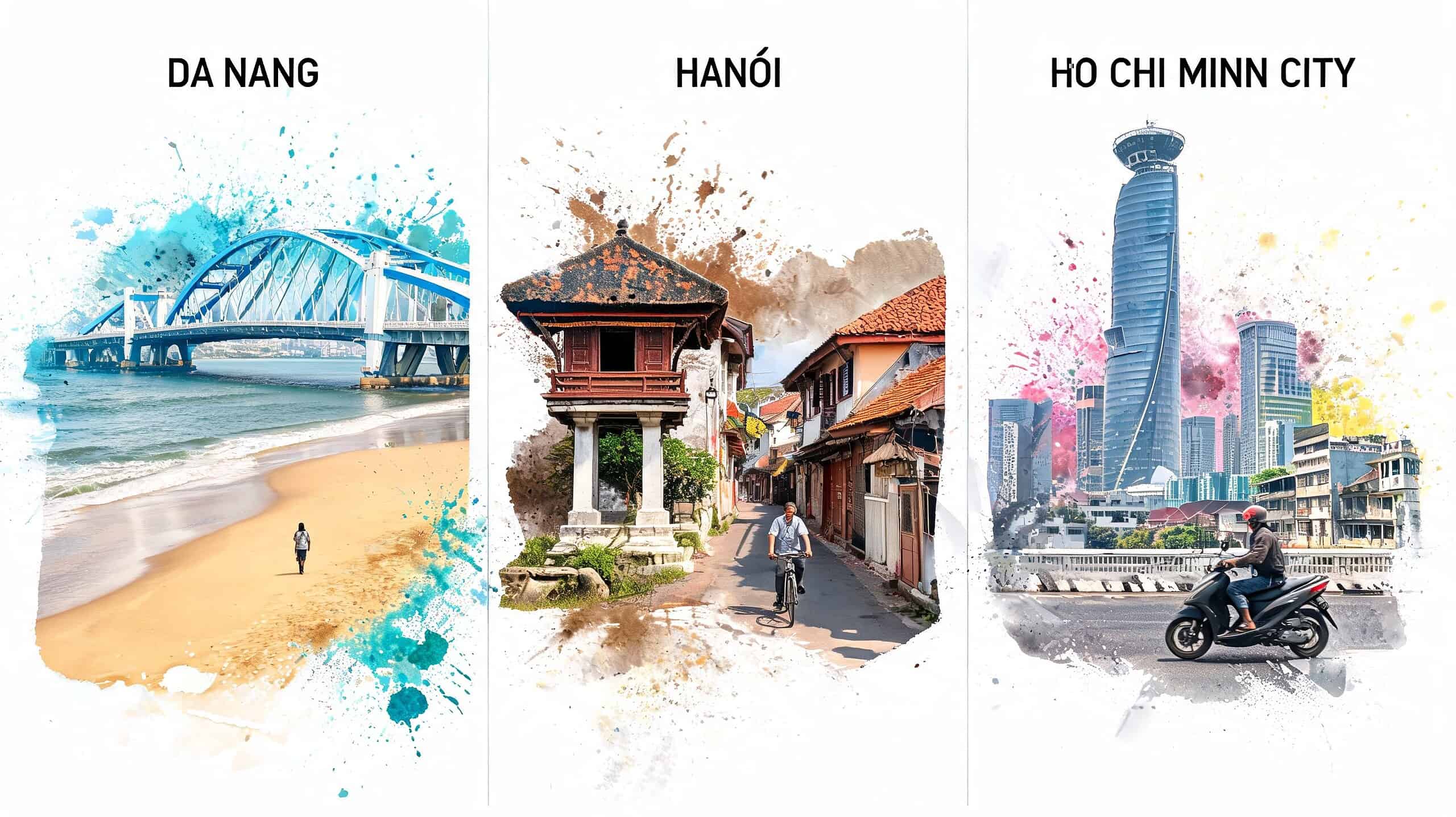 Collage of iconic Vietnamese city landmarks in Da Nang, Hanoi, and Ho Chi Minh City with watercolor effects.