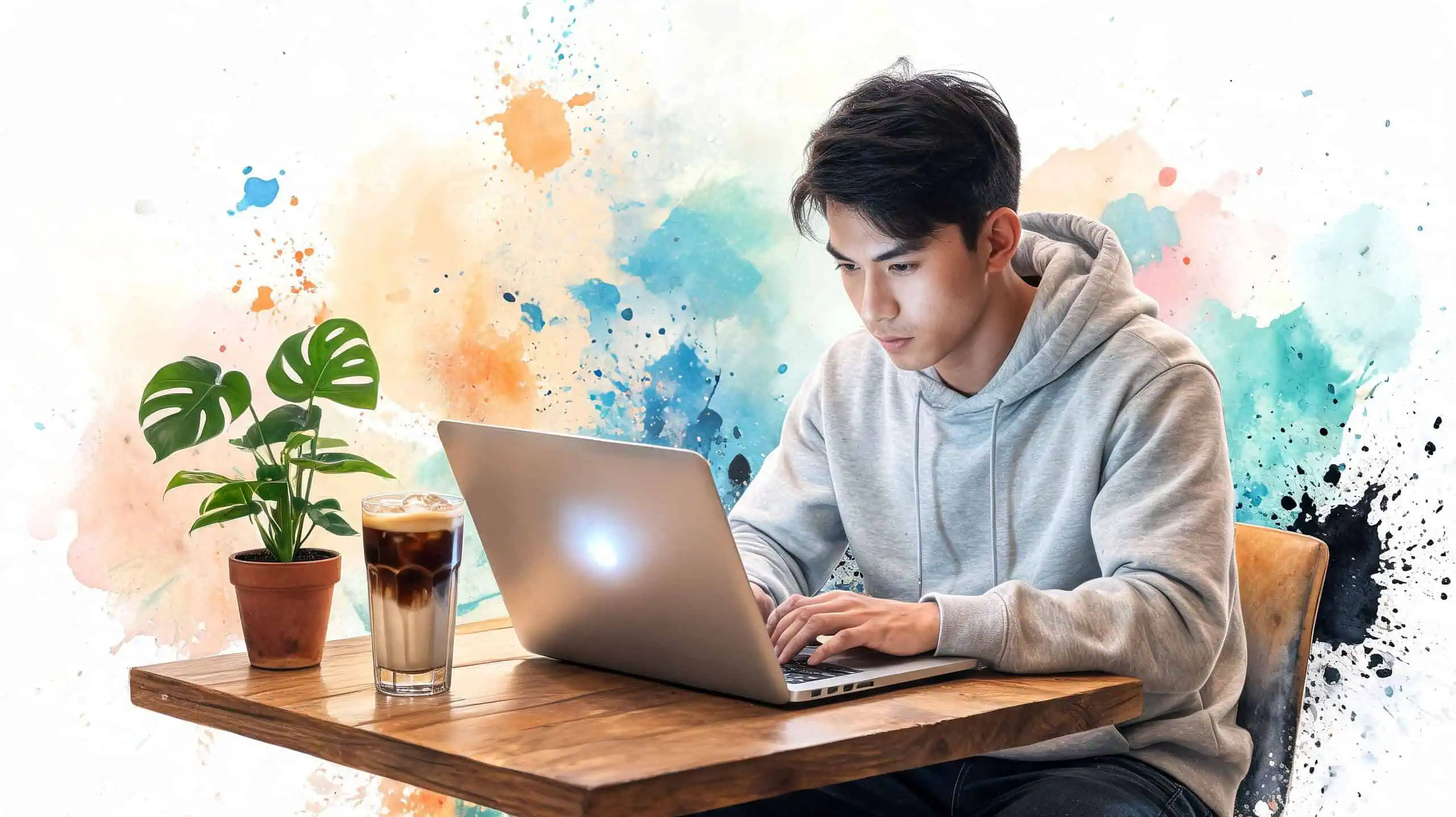 A young Asian man working on a laptop at a wooden cafe table with coffee and plant.