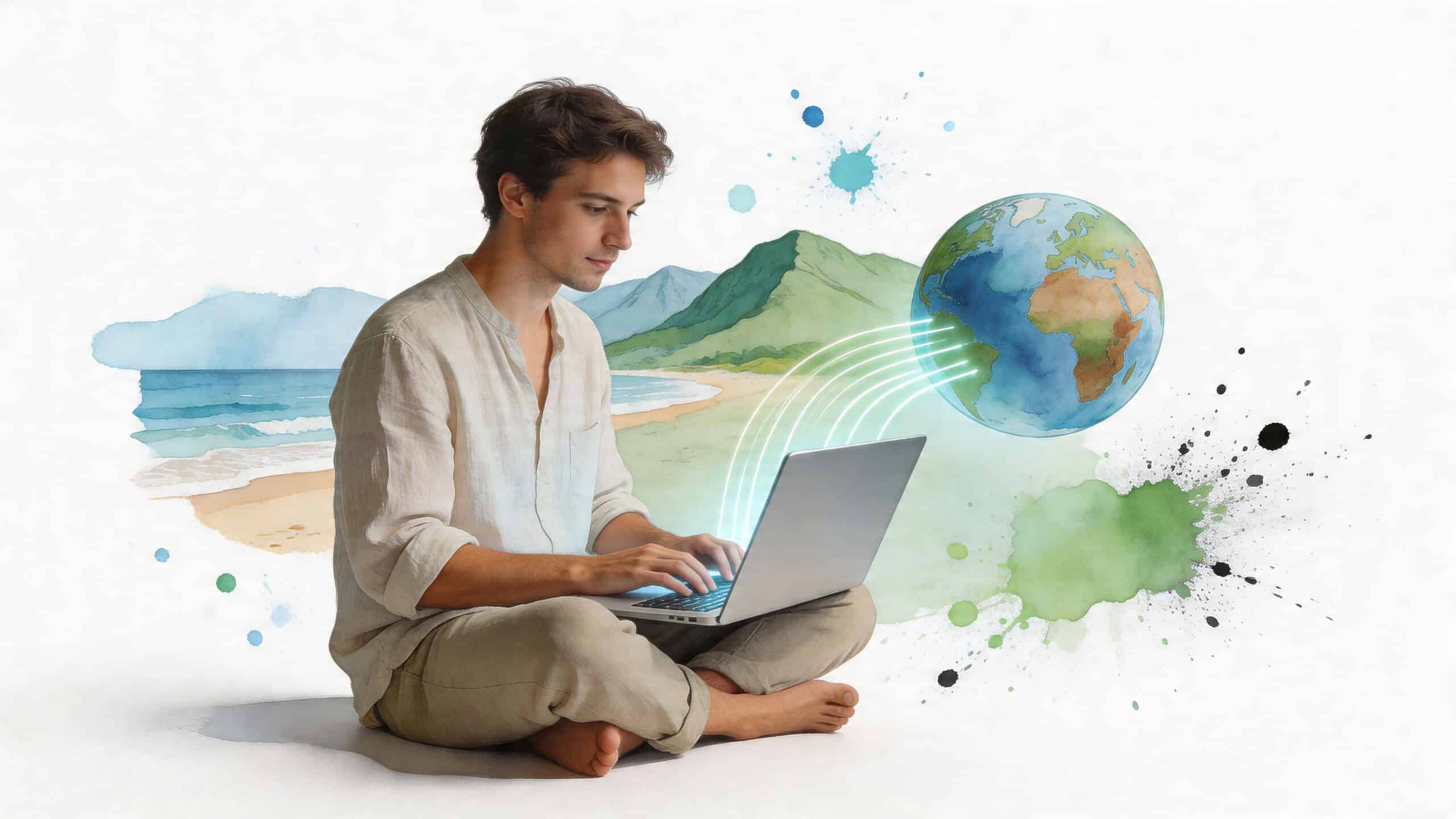 A young man sitting in a cross-legged position using a laptop connected to a digital globe.