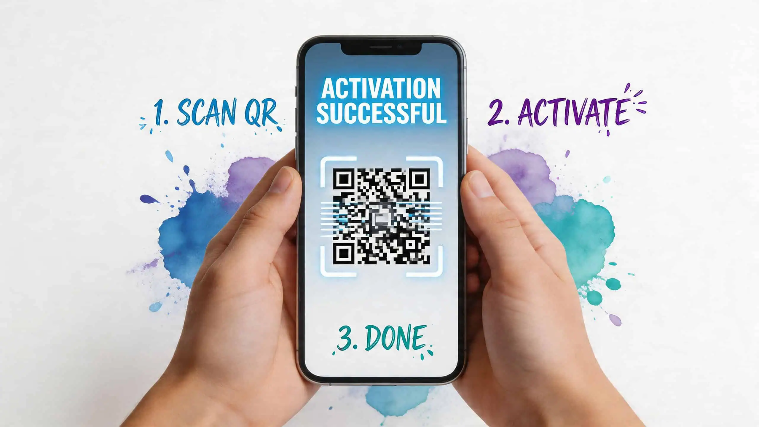 A person holding a smartphone showing an activation successful message with a QR code on screen.