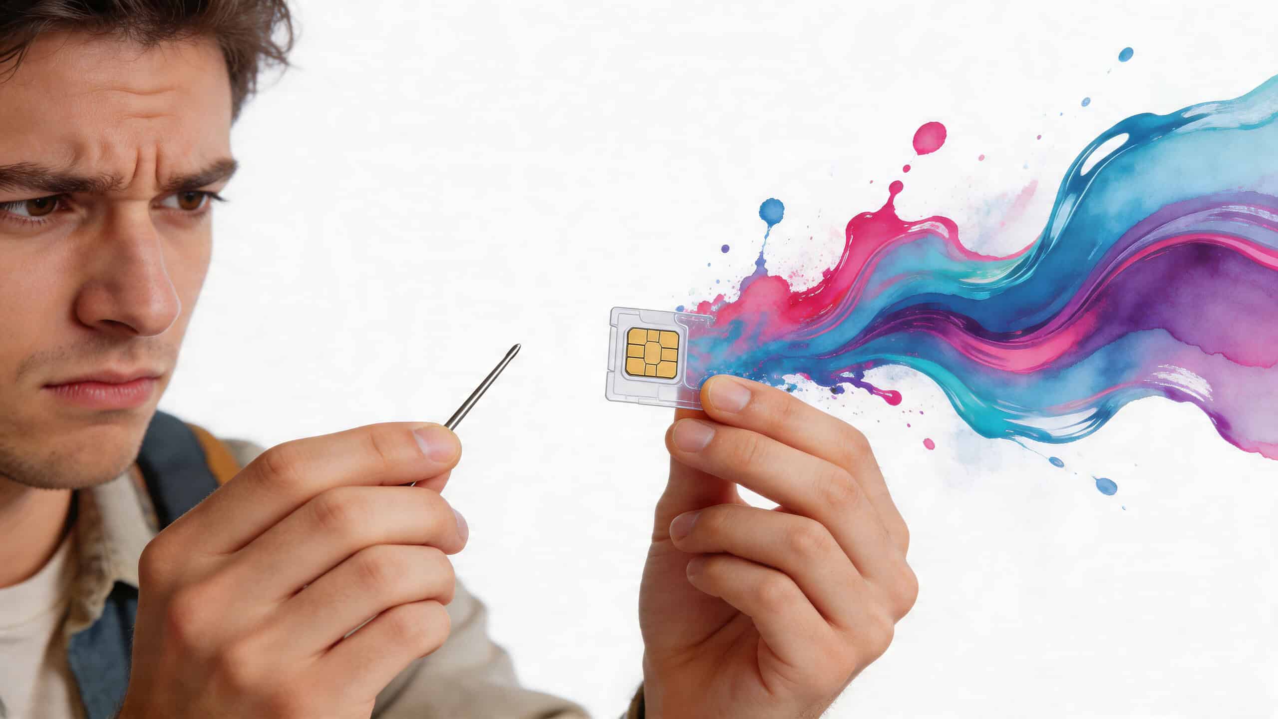 A concerned young man inspecting a modern SIM card with a tool against an artistic colorful background