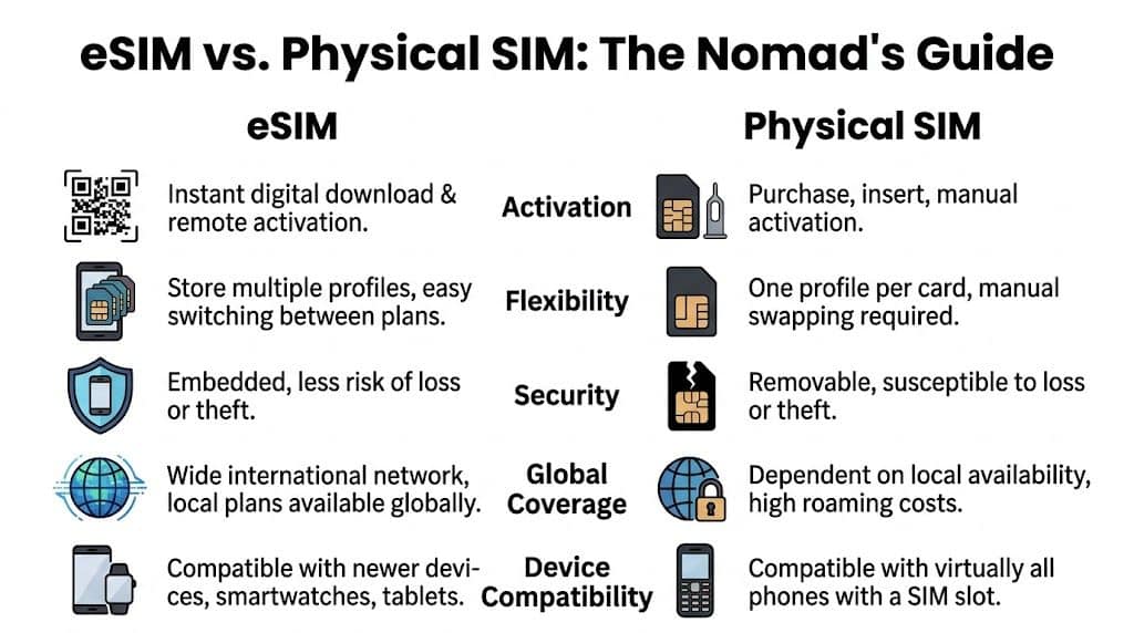 A comparison chart showing the key differences between eSIM and physical SIM cards for international travelers.