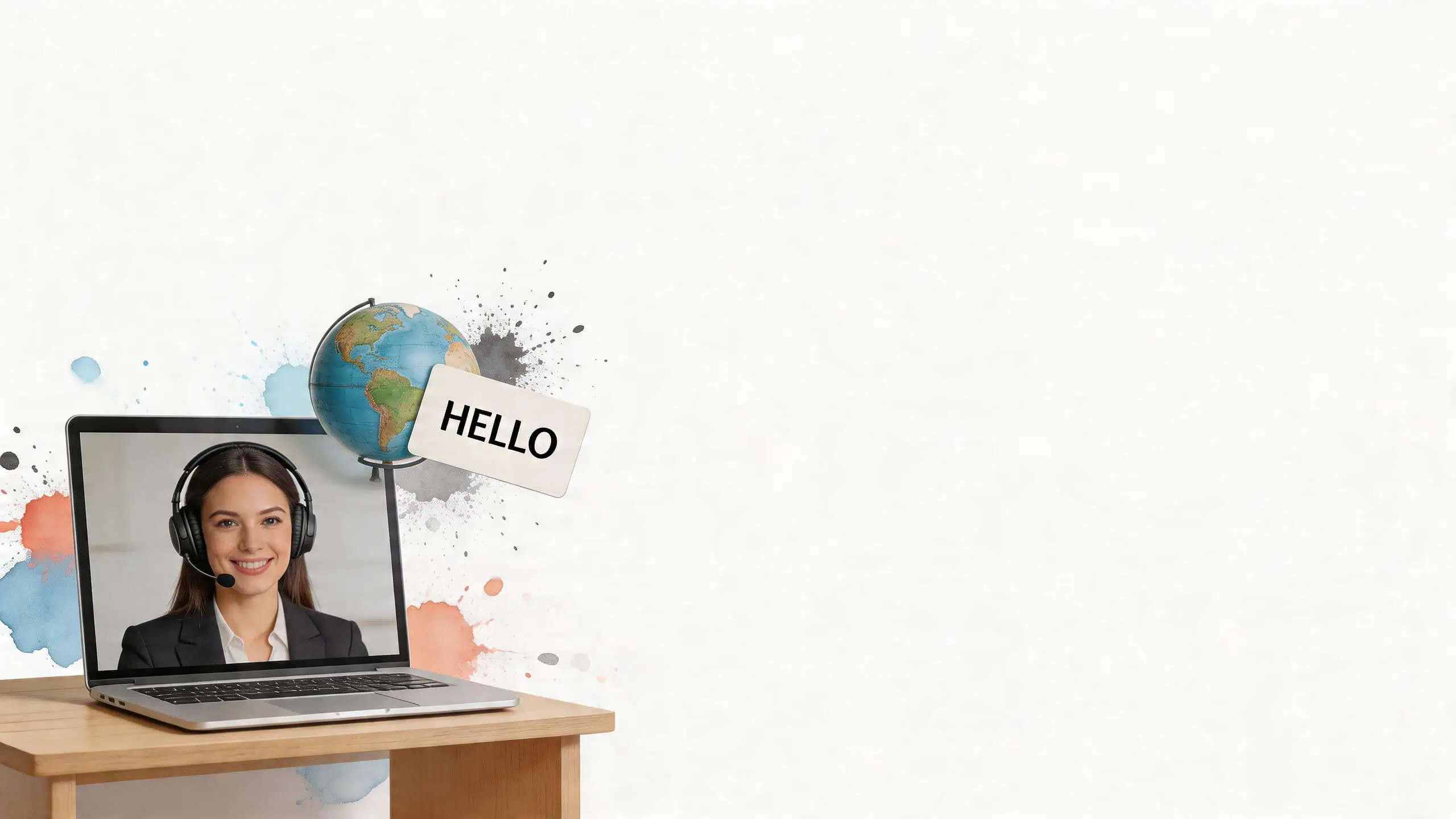 A friendly customer service representative on a laptop screen with a globe symbol and hello sign.