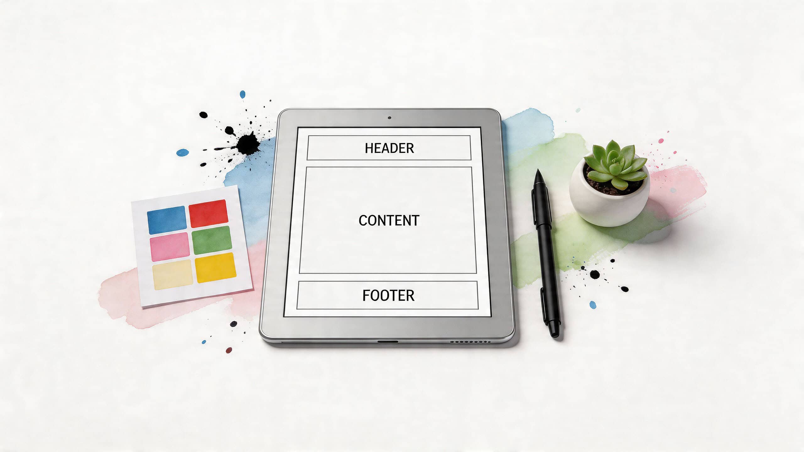 A digital tablet displaying a website wireframe layout surrounded by a pen, succulent, and colorful paint swatches.
