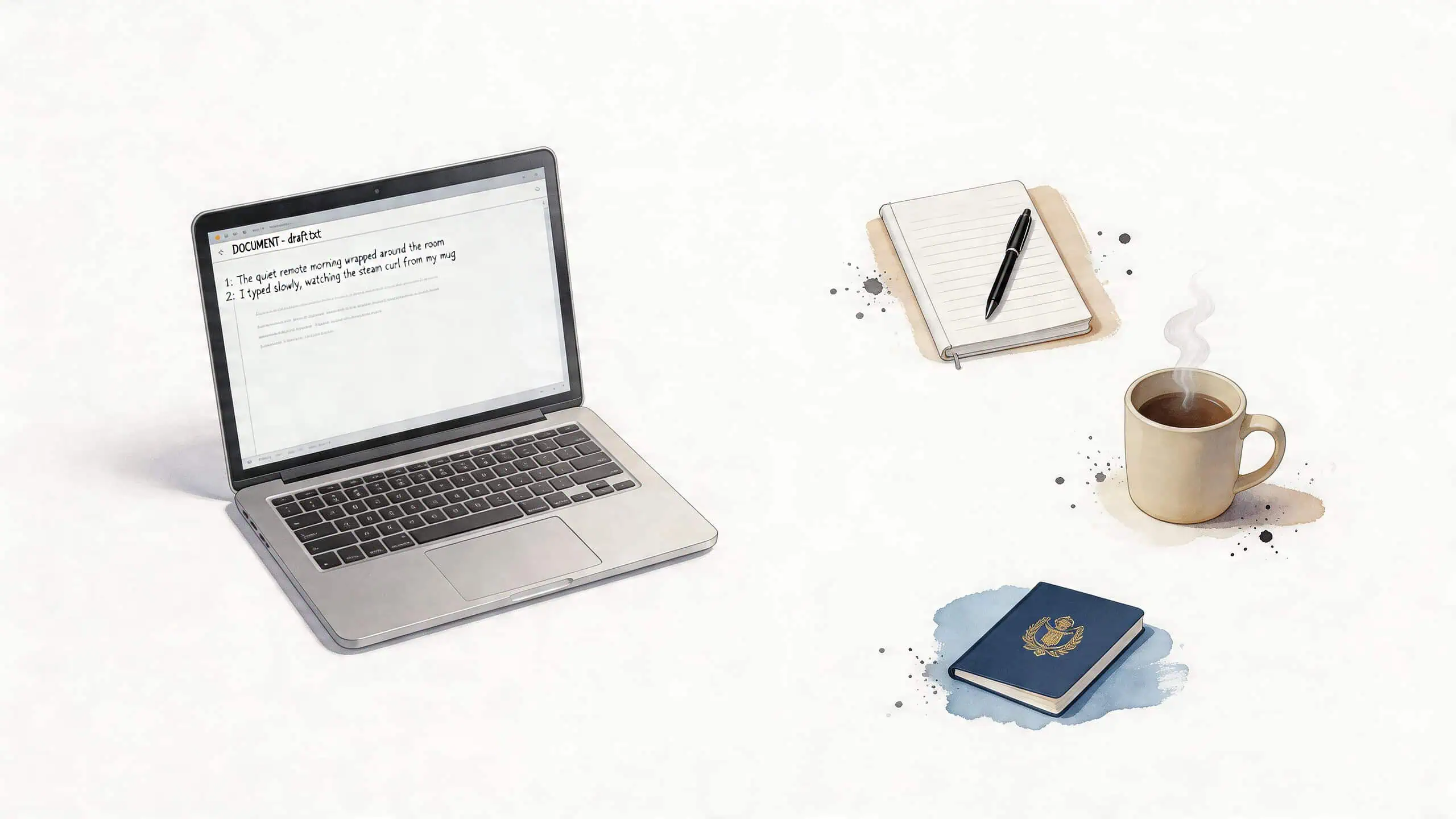 A laptop, a notebook with a pen, a steaming coffee mug, and a passport on a white surface.